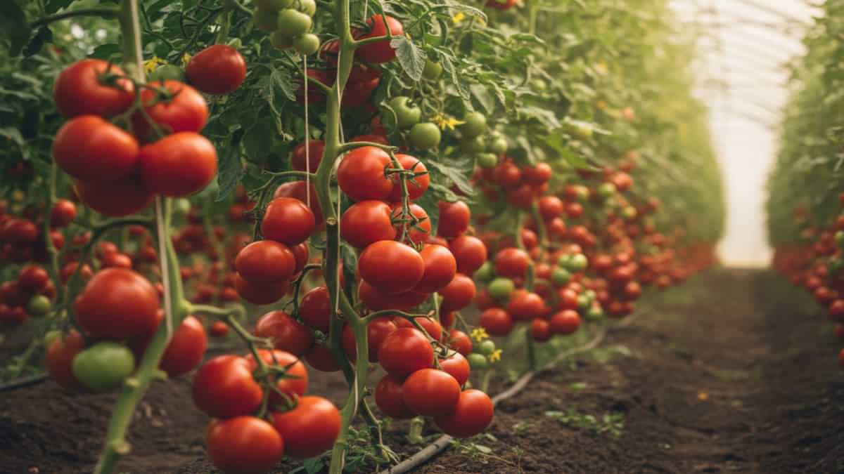 Ciorchini de roșii coapte și verzi atârnând pe o plantă viguroasă în grădină, gata pentru recoltare.