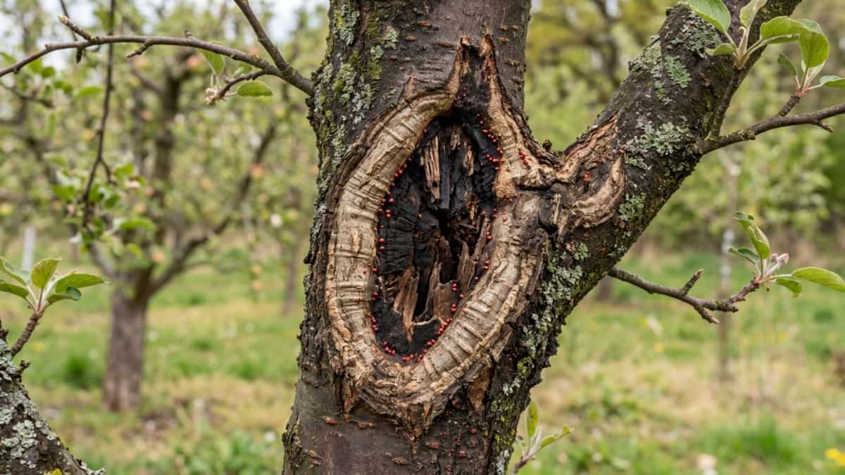 Simptome de cancer deschis al ramurilor cauzat de Neonectria ditissima pe un trunchi de măr.