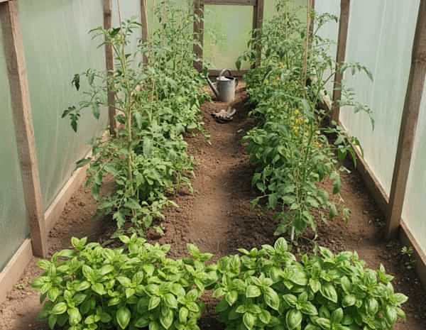 Plantă de busuioc verde și viguroasă crescută la capătul unui rând de tomate în solar.