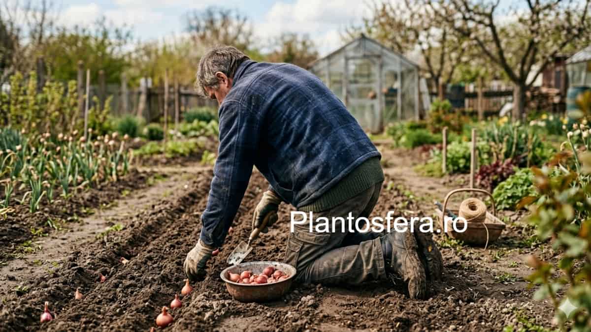 Vedere de sus a unor rânduri drepte de arpagic roșu proaspăt plantat într-o grădină exterioară. Bulbii de culoare purpurie sunt așezați la distanțe egale de aproximativ 10 cm, ieșind discret din solul negru, bogat în compost.