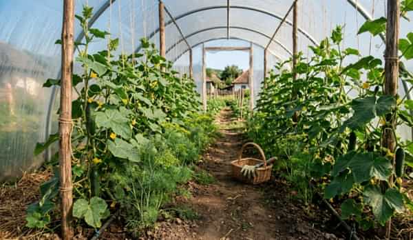 Mărar verde și bogat semănat între rândurile de castraveți din solar, metodă naturală pentru alungarea păianjenului roșu și a omizilor.