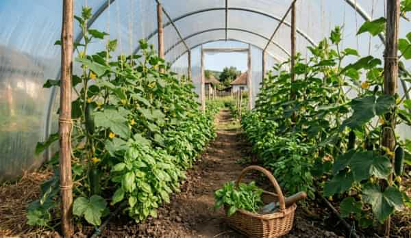 Răsaduri de busuioc aromat plantate strategic printre castraveți pentru a masca mirosul plantelor și a respinge invaziile de tripși