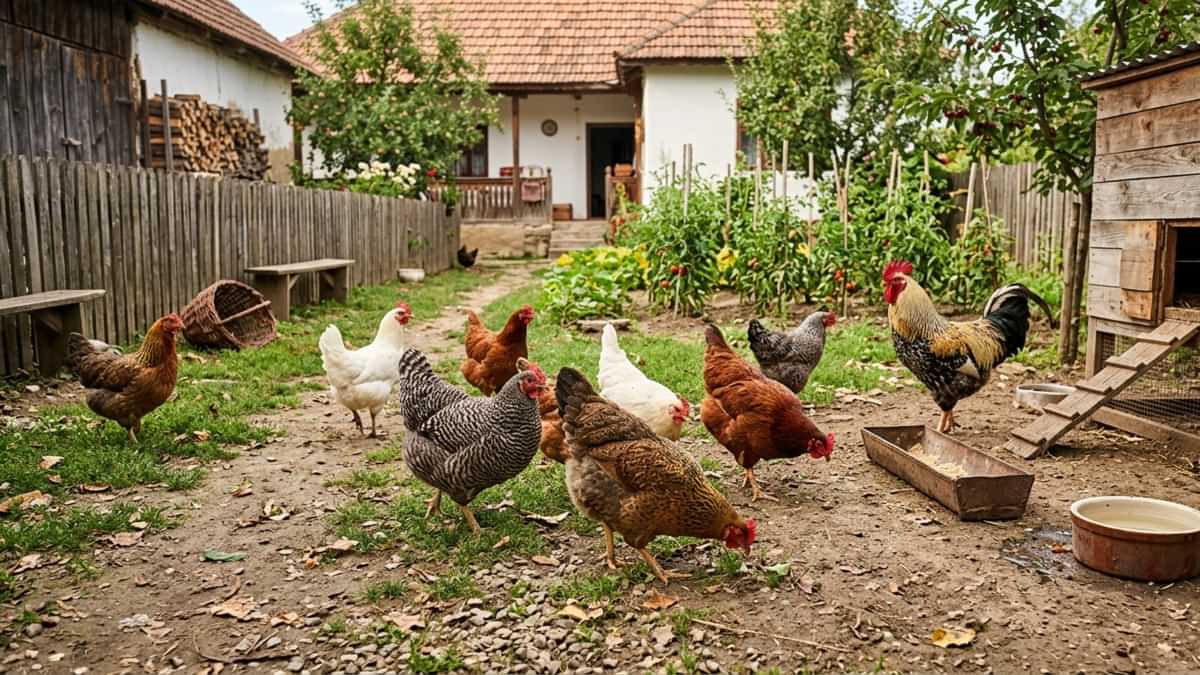 Găini lăsate libere în solar toamna pentru a curăța solul de dăunători și a fertiliza pământul în mod natural.