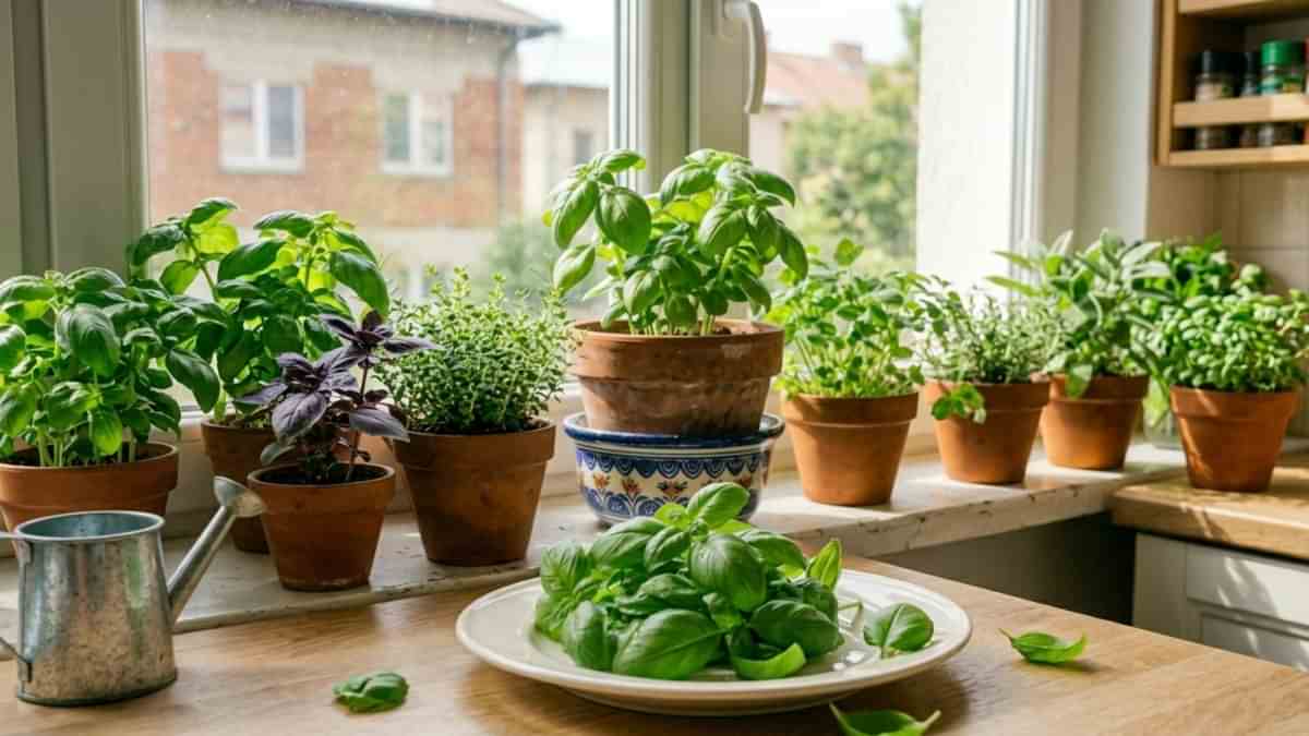 Ghivece de teracotă cu busuioc proaspăt și luxuriant așezate pe pervazul însorit al unei bucătării.