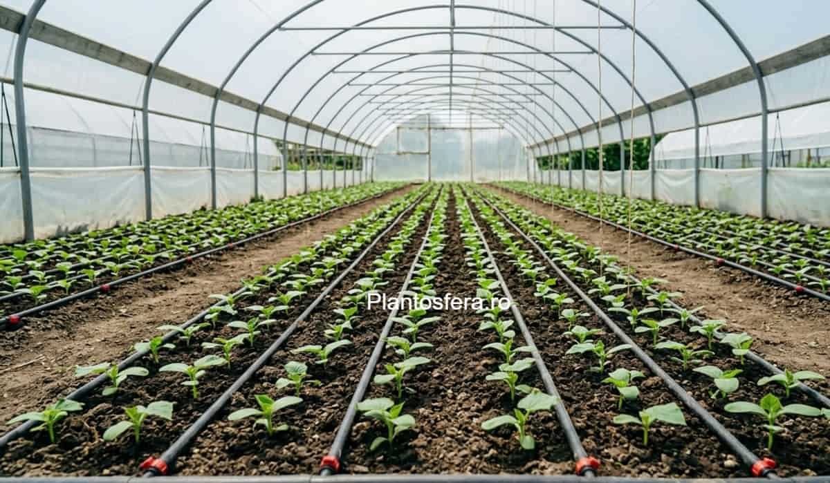 Plante de castraveți cultivate pe verticală în solar, palisate pe sfori, cu frunze mari și flori galbene vizibile.