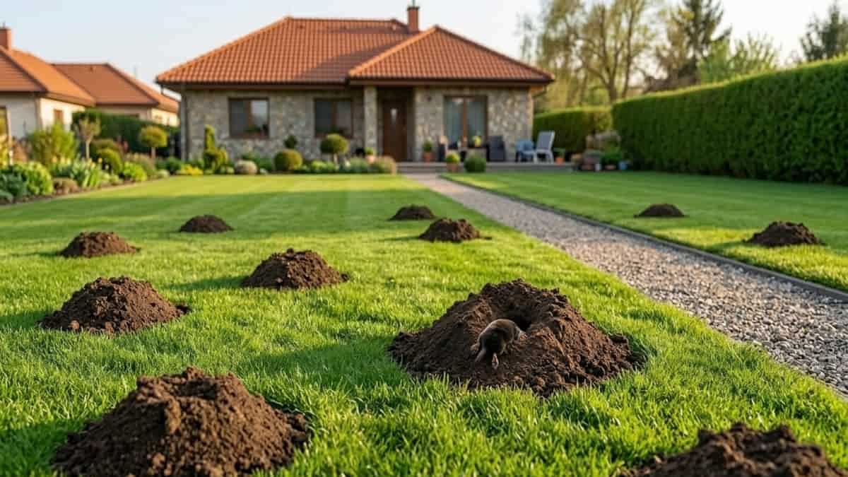 Mușuroi de cârtiță proaspăt apărut pe un gazon verde îngrijit, simbolizând prezența galeriilor în sol