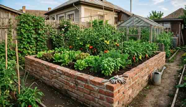 Secțiune prin strat înălțat arătând ordinea materialelor: carton la bază, crengi, resturi vegetale și pământ deasupra.