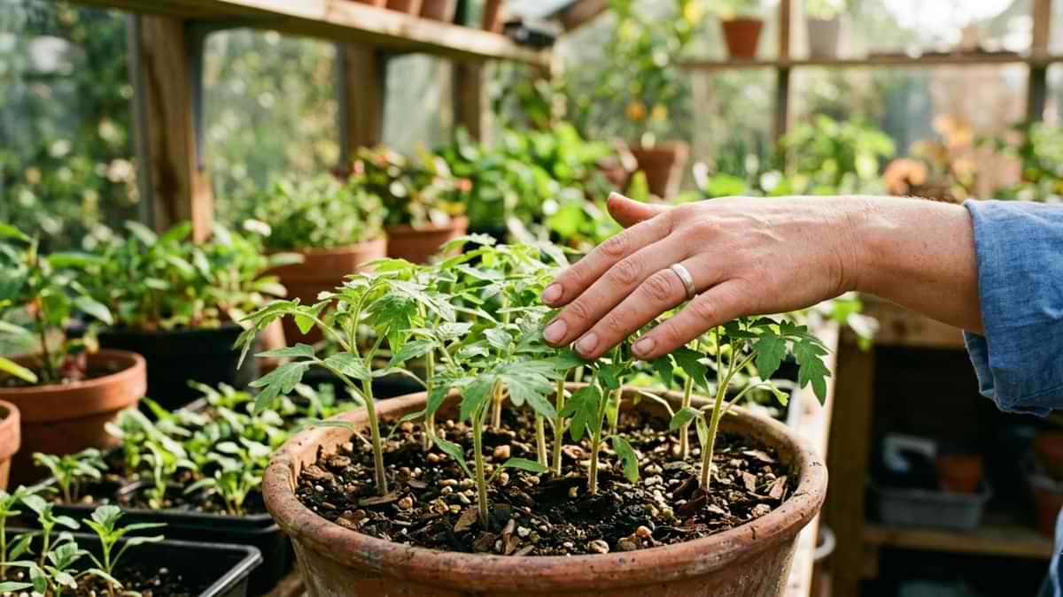 Mână care mângâie ușor vârful unor răsaduri verzi de legume crescute în tăvițe alveolare la interior.