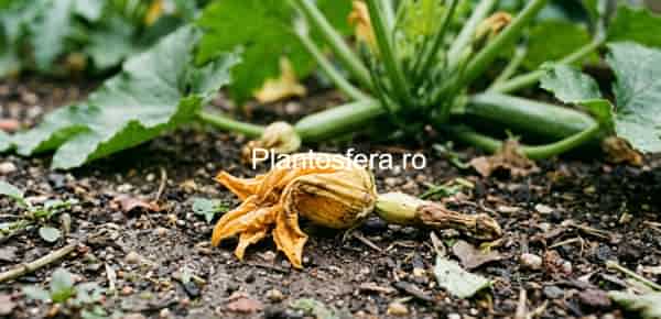 Dovlecei cu frunze ofilite și uscate pe margine din cauza solului neudat și a caniculei