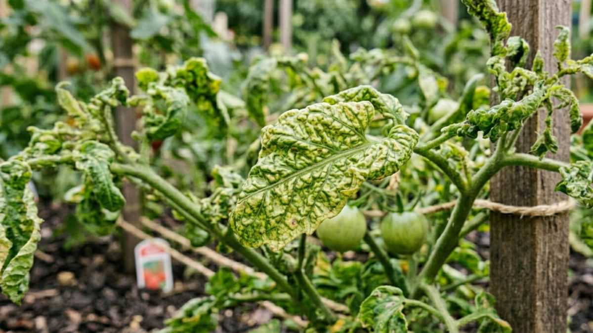 Frunze de roșii încrețite și răsucite în solar cauzate de stresul fiziologic