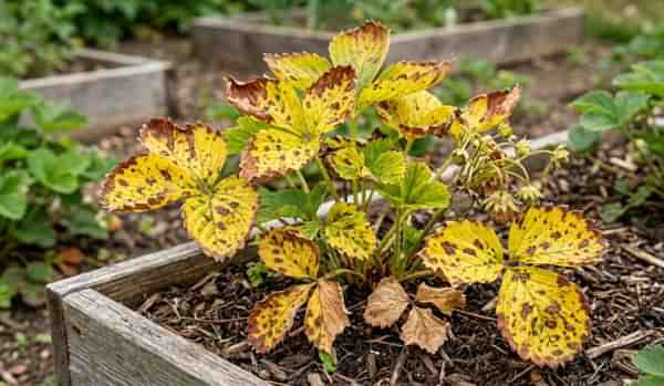 Căpșuni afectați de mana coletului cu frunze galbene și coroană uscată.