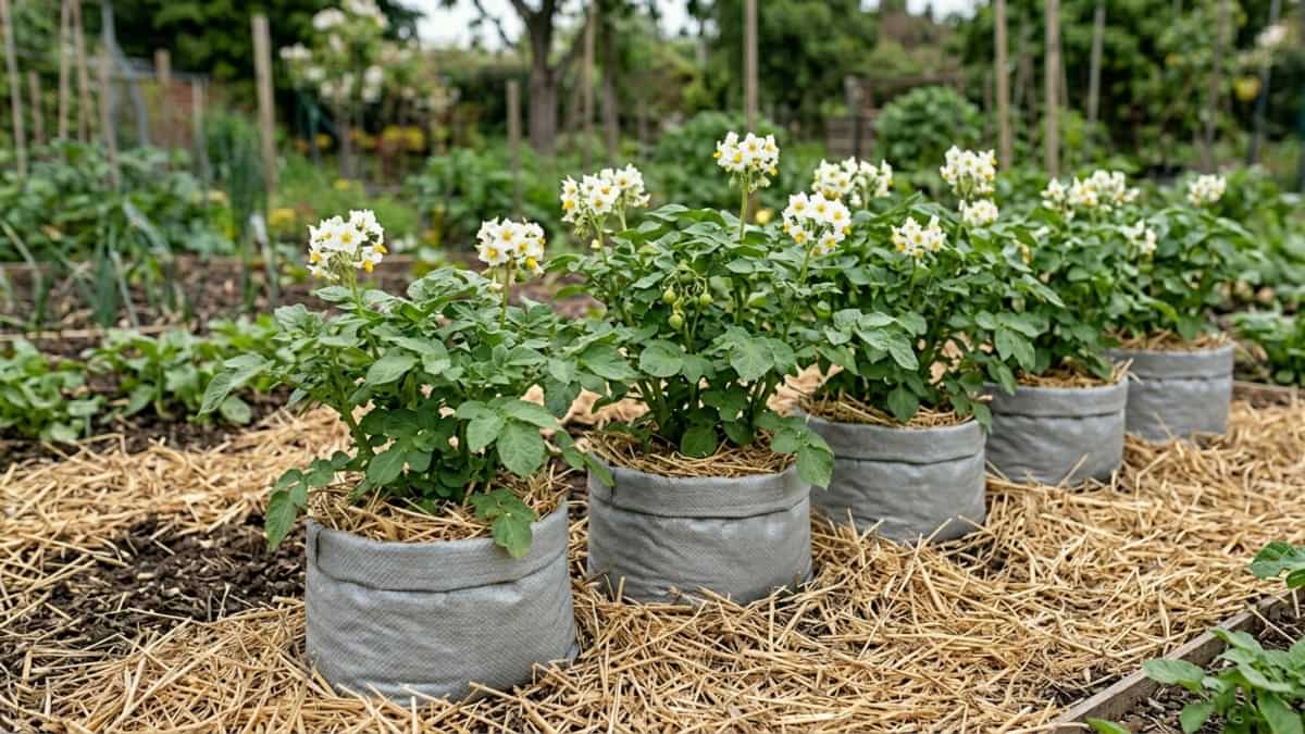 Cultură de cartofi la saci amplasați într-un loc însorit din grădină, cu foliaj bogat și verde