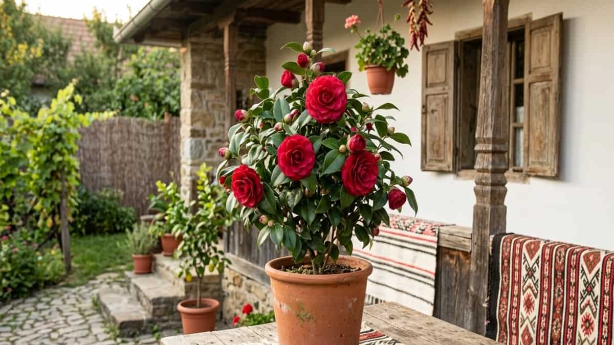 Camelie în ghiveci ceramic pe o terasă însorită, cu flori roz deschis și frunze verzi lucioase