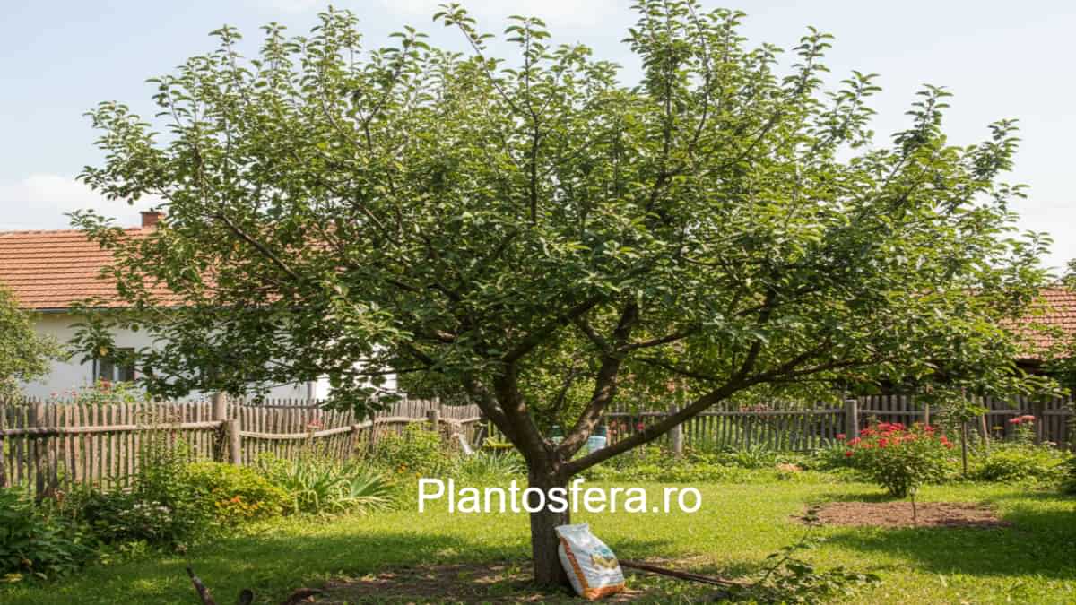 Măr viguros cu frunziș bogat și verde, dar fără fructe, ilustrând stadiul de creștere vegetativă excesivă în detrimentul rodului.