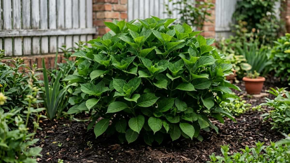 Tufă de hortensie cu frunziș bogat și verde, dar fără niciun boboc de floare din cauza lipsei de lumină.
