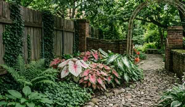 Frunze decorative de Caladium colorate în alb și roz pentru colțuri întunecate din curte