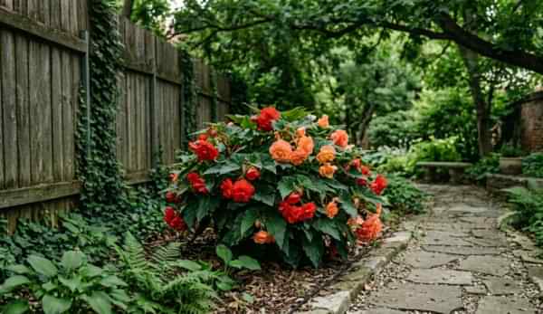 Begonia Tuberhybrida cu flori mari bătute asemănătoare trandafirilor într-un loc umbros