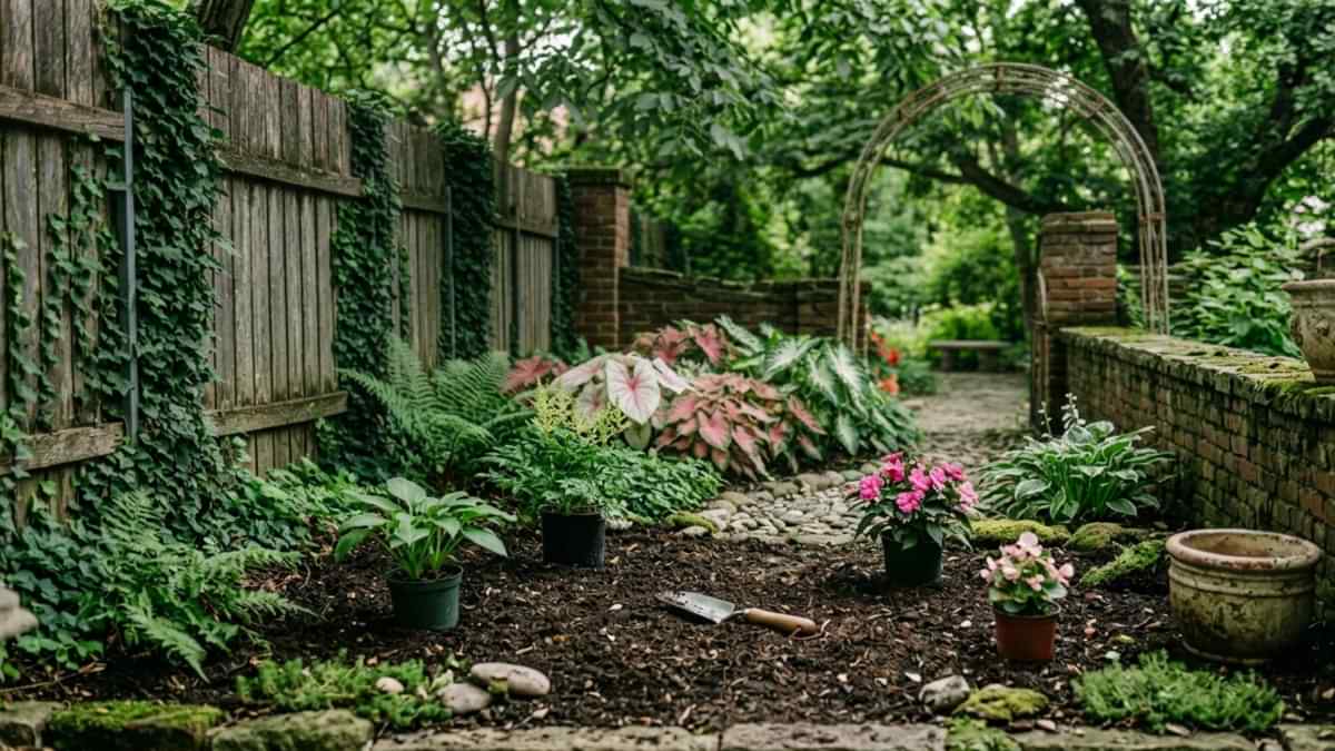 Amenajare grădină cu flori de umbră și plante decorative în curte