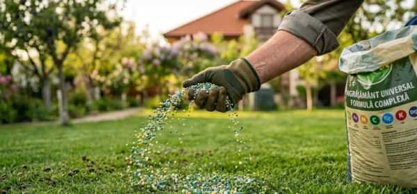 Aplicarea de granule de îngrășământ special pentru gazon pe o peluză proaspăt tunsă și curățată