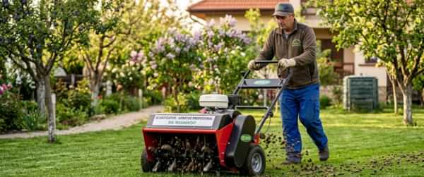 Utilizarea unui aerator manual cu vârfuri metalice pentru a crea găuri în solul compactat al peluzei.