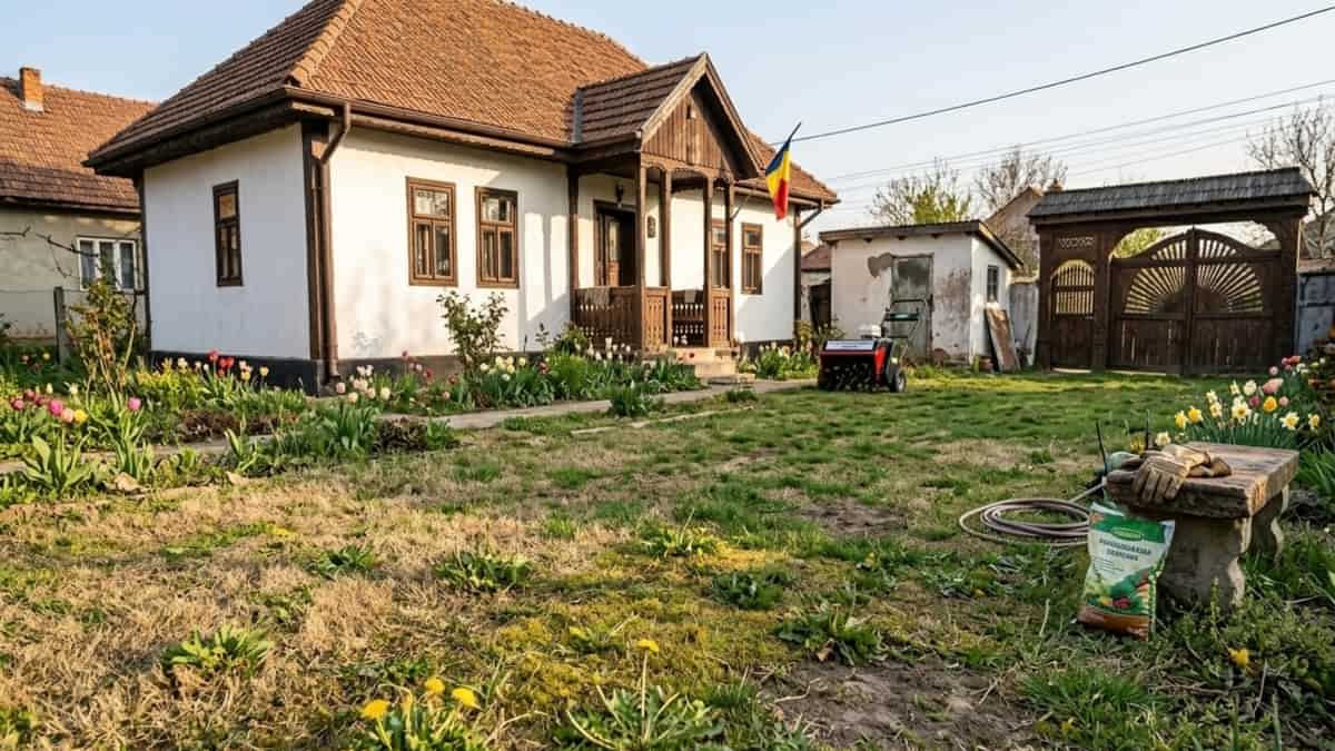 Peluza de gazon verde și deasă în lumina soarelui de primăvară, pregătită pentru lucrările de întreținere.