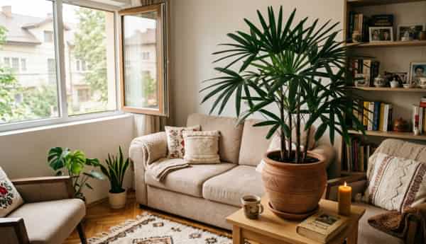 Palmierul doamnei în ghiveci de ceramică, plantă decorativă de interior eficientă în eliminarea amoniacului din bucătărie