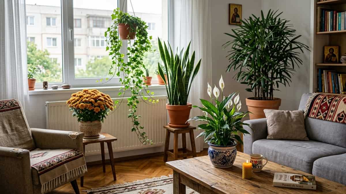 Grup de plante verzi de apartament care purifică aerul în interiorul unei case moderne, conform studiului NASA