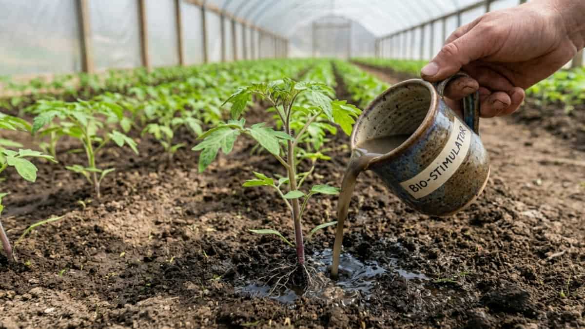 Răsaduri de roșii viguroase într-o grădină bio, udate la bază cu biostimulator natural