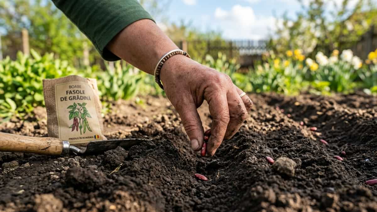 Prim-plan cu o mână care pune semințe de fasole în pământ reavăn, ilustrând procesul de semănare directă în grădină la sfârșitul lunii aprilie